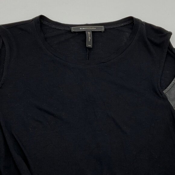 BCBG Max Azaria Judon Faux-Leather Cut Out Sleeve Black Top Back Slit XXS NWOT - Picture 4 of 8